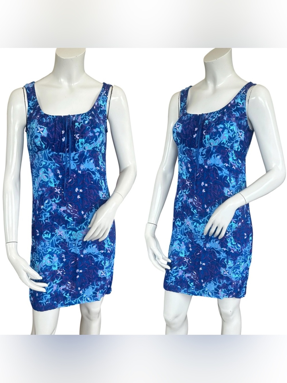 Vintage Y2K NoBo Blue Purple Batik Floral Tropical Milkmaid Mini Dress Small JR